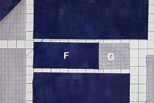 Step 6 Cat Quilt Block Pattern: 
With right sides together stitch Piece G to Piece F. Step 6 Cat Quilt Block Pattern: With right sides together stitch Piece G to Piece F.