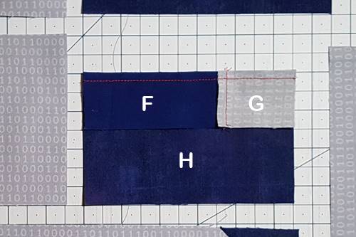 Step 7 Cat Quilt Block Pattern: Stitch unit F/G to Piece H. Press seam toward Piece H. Step 7 Cat Quilt Block Pattern: Stitch unit F/G to Piece H. Press seam toward Piece H.