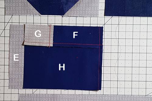 Step 8 Cat Quilt Block Pattern: Stitch unit F/G/H to Piece E. Press seam toward Piece E. Step 8 Cat Quilt Block Pattern: Stitch unit F/G/H to Piece E. Press seam toward Piece E.