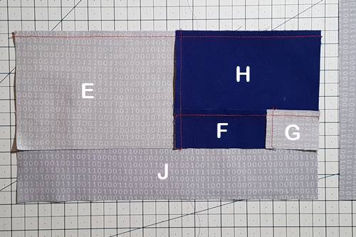 Step 9 Cat Quilt Block Pattern: Stitch unit E/F/G/H to Piece J. Press seam toward Piece J. Step 9 Cat Quilt Block Pattern: Stitch unit E/F/G/H to Piece J. Press seam toward Piece J.