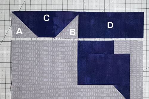 Step 11 Cat Quilt Block Pattern: Stitch Piece D to unit A/B/C. Step 11 Cat Quilt Block Pattern: Stitch Piece D to unit A/B/C. Press seam toward Piece D.