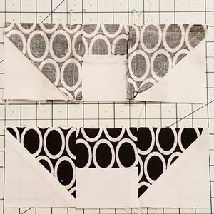 Step 8a churn dash quilt block pattern:  right sides together stitch Row 1 to Row 2.