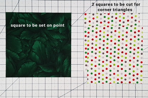Step 1 Corner Triangles for Setting Blocks on Point: In Corner Triangle Cutting Chart locate finished size of block to be set on point. Use corresponding measurement to cut two squares this size. Step 1 Corner Triangles for Setting Blocks on Point: In Corner Triangle Cutting Chart locate finished size of block to be set on point. Use corresponding measurement to cut two squares this size.