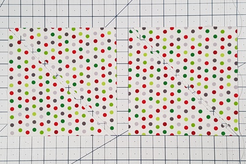 Step 2 Corner Triangles for Setting Blocks on Point: Cut the two corner triangle squares in half along one diagonal. Step 2 Corner Triangles for Setting Blocks on Point: Cut the two corner triangle squares in half along one diagonal.