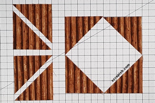 Picture of how to cut directional prints for adding the corner triangles for setting blocks on point. How to cut directional prints for adding the corner triangles for setting blocks on point: Cut one square like (\) and one like (/).