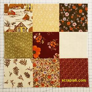 Disappearing Nine Patch Quilt Block Step 1 Using 9 Different Fabrics