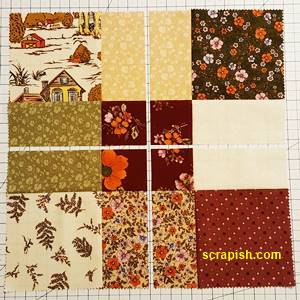 Disappearing Nine Patch Quilt Block Step 3 Using 9 Different Fabrics