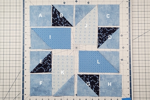 Duck Tracks Quilt Block Tutorial Step 9:
Layout the units in a loose four patch grid as shown in the photo below.