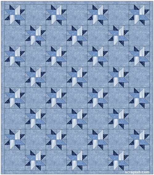 Picture of a queen size duck tracks star quilt layout using the duck tracks quilt block and alternate plain squares.