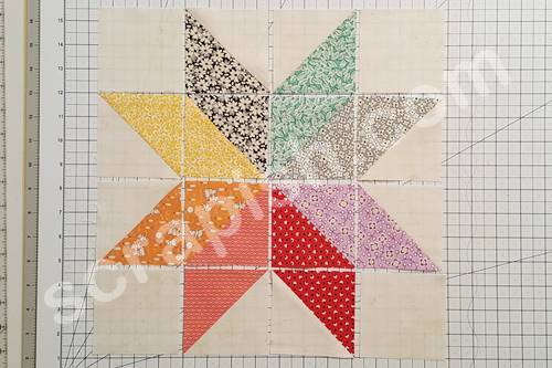 Step 8 Eight Point Star Quilt Block: Place the half square triangles made in Step 7 
in the center square of the block.