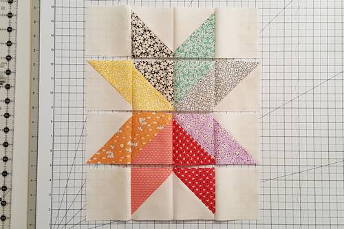 Step 10a Eight Point Star Quilt Block: Stitch the patches of each row together.