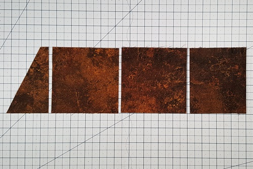 Step 2b Eight Pointed Star Quilt Block Pattern: Also, from same Fabric B strip cut 4 squares. First cut a straight edge, then cut squares (strip is doubled).