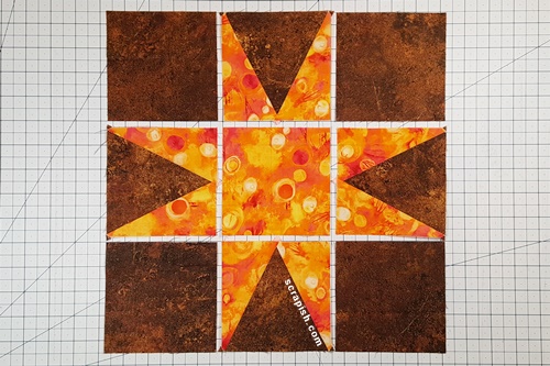 Step 6 Triangle in a Square Star: layout quilt block in a 3 x 3 grid pattern.