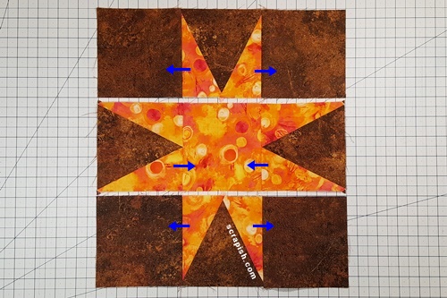 Step 8 Eight Pointed Star Quilt Block Pattern: Press the seams. Row 1: toward the background squares. Row 2: toward the center square. Row 3: toward the background squares.