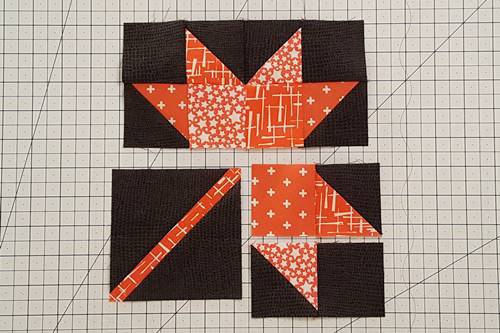 Step 8 Fall Leaf Quilt Block: stitch Row 2 to Row 1.