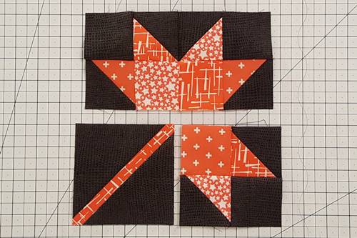 Step 9 Fall Leaf Quilt Block: Stitch Row 4 to Row 3.