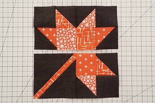 Step 10 Fall Leaf Quilt Block: stitch the four patch to the stem unit along the right side.