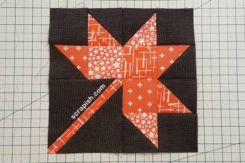 Step 11 Fall Leaf Quilt Block: Stitch Row 3 to Row 2.