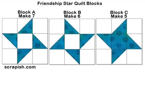 Step 4 Friendship Star quilt pattern blocks: Make 18 (12 inch finished) blocks. Picture of 3 different friendship star quilt blocks to make.