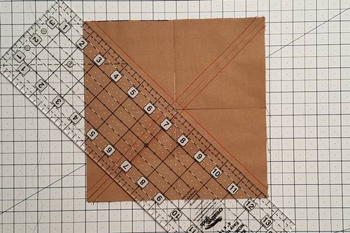 Step 5 Now cut the four squares into half square triangles along both diagonal lines. Step 5 Now cut the four squares into half square triangles along both diagonal lines.