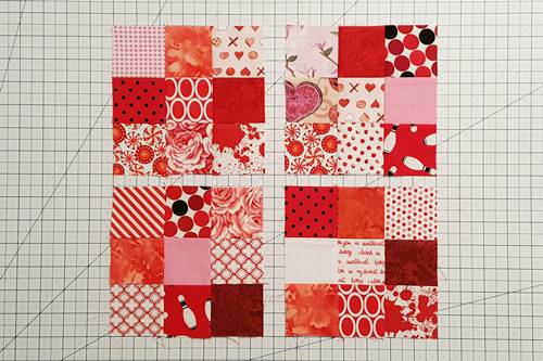 Step 3 Heart Quilt Block Pattern: Stitch 4 Squares Step 3 Heart Quilt Block Pattern: Stitch 4 Squares