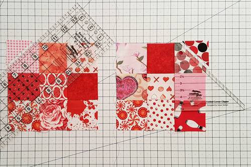 Step 4a Heart Quilt Block Pattern: Clip Top Corners of squares in Row 1 Step 4a Heart Quilt Block Pattern: Clip Top Corners of squares in Row 1
