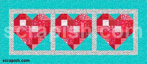 heart quilt block pattern in a table runner Picture of the heart quilt block pattern in a table runner.