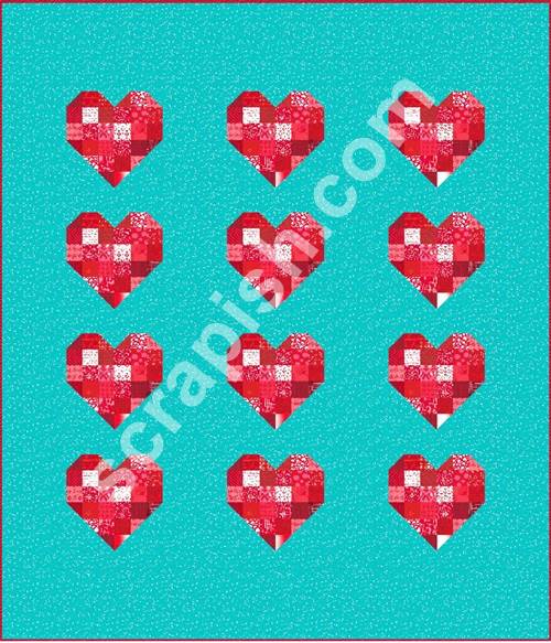 Picture of a quilt using a scrappy 12 inch Heart Quilt Block Pattern. Picture of a quilt using a scrappy 12 inch Heart Quilt Block Pattern.