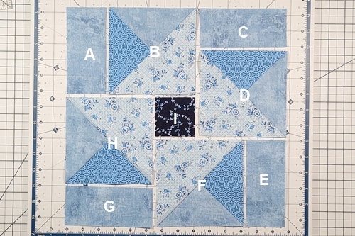 Hope of Hartford Quilt Block Step 7: 
Layout the block units as shown in the photo below. Pay particular attention to the orientation of the star point units (HST/QST units).