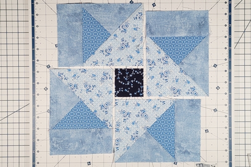 Hope of Hartford Quilt Block Step 8: 
Refer to the photo in Step 7: stitch A to B; C to D; H to G; F to E. Press the seams toward background Fabric B.