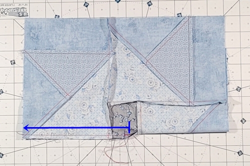 Hope of Hartford Quilt Block Step 13: 
align the top edge of unit G/H with the bottom edge of unit A/B. Stitch a 1/4 inch seam. Overlap the seam a few stitches into the original partial seam.