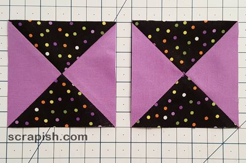 Step 8 Hourglass quilt blocks trimmed. Step 8 Trim any remaining hourglass quilt blocks.