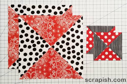 Picture of hourglass quilt blocks made from 5 inch and 10 inch charms. Picture of hourglass quilt blocks made from 5 inch and 10 inch charms.