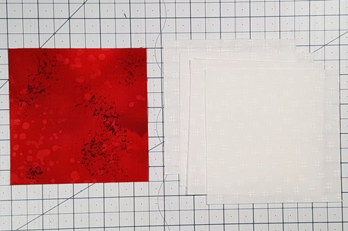 Step 5 Ohio Star Quilt Block Pattern: From Fabric A cut one square. From Fabric B cut four squares. Step 5 Ohio Star Quilt Block Pattern: From Fabric A cut one square. From Fabric B cut four squares.