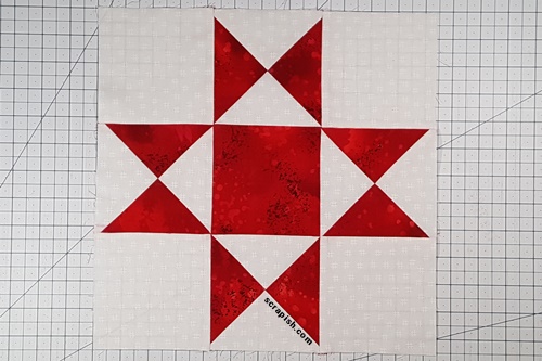 Step 9 Ohio Star Quilt Block Pattern:  Stitch rows together. Press the seams between the rows open. Step 9 Ohio Star Quilt Block Pattern:  Stitch rows together. Press the seams between the rows open.