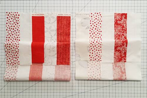 Step 3 Postage Stamp Quilt: Make 25 Strip Sets A. Make 25 Strip Sets B. Strip Set A - red, white, red, white, red; Strip Set B - white, red, white, red, white. Step 3 Postage Stamp Quilt: Make 25 Strip Sets A. Make 25 Strip Sets B. Strip Set A - red, white, red, white, red; Strip Set B - white, red, white, red, white.