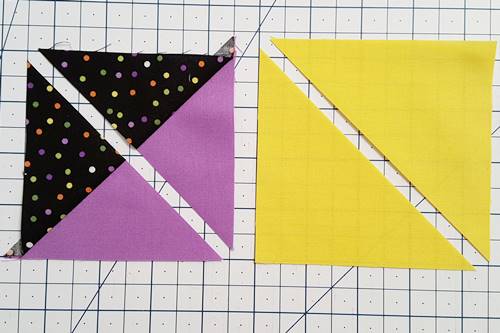 Cut the half square triangle and square in half by cutting them diagonally from one corner to corner. Step 3 Using a rotary cutter, cut the half square triangle and square in half by cutting them diagonally from one corner to corner.