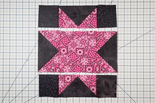 Step 3 Sawtooth Star Quilt Block:
With right sides together and a 1/4 inch seam, stitch together the units of each row.
