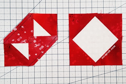 Flip the triangles right side up and press the seams toward the triangles, revealing the square in a square unit. Flip the triangles right side up and press the seams toward the triangles, revealing the square in a square unit.